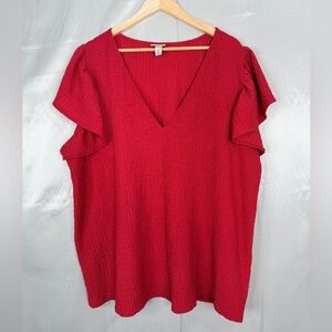 Ava & Viv Red Textured Flutter Sleeve V-Neck Top Plus Size 2X